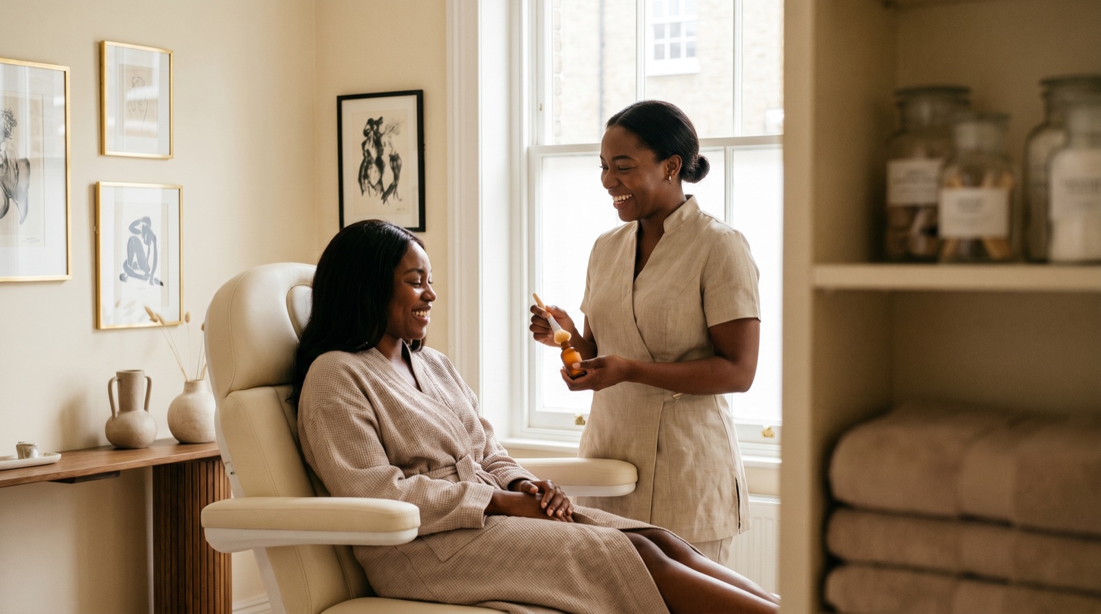 A client and a Melatone clinician, both with rich Fitzpatrick V to VI skin, sharing a relaxed moment in the cream and champagne consulting room at our Battersea clinic. Illustrative.