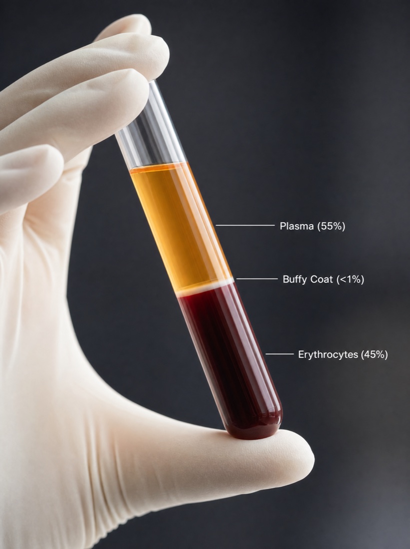 A centrifuged blood sample separated into layers: plasma about 55 percent, a thin buffy coat under 1 percent, and erythrocytes about 45 percent, held in a gloved hand