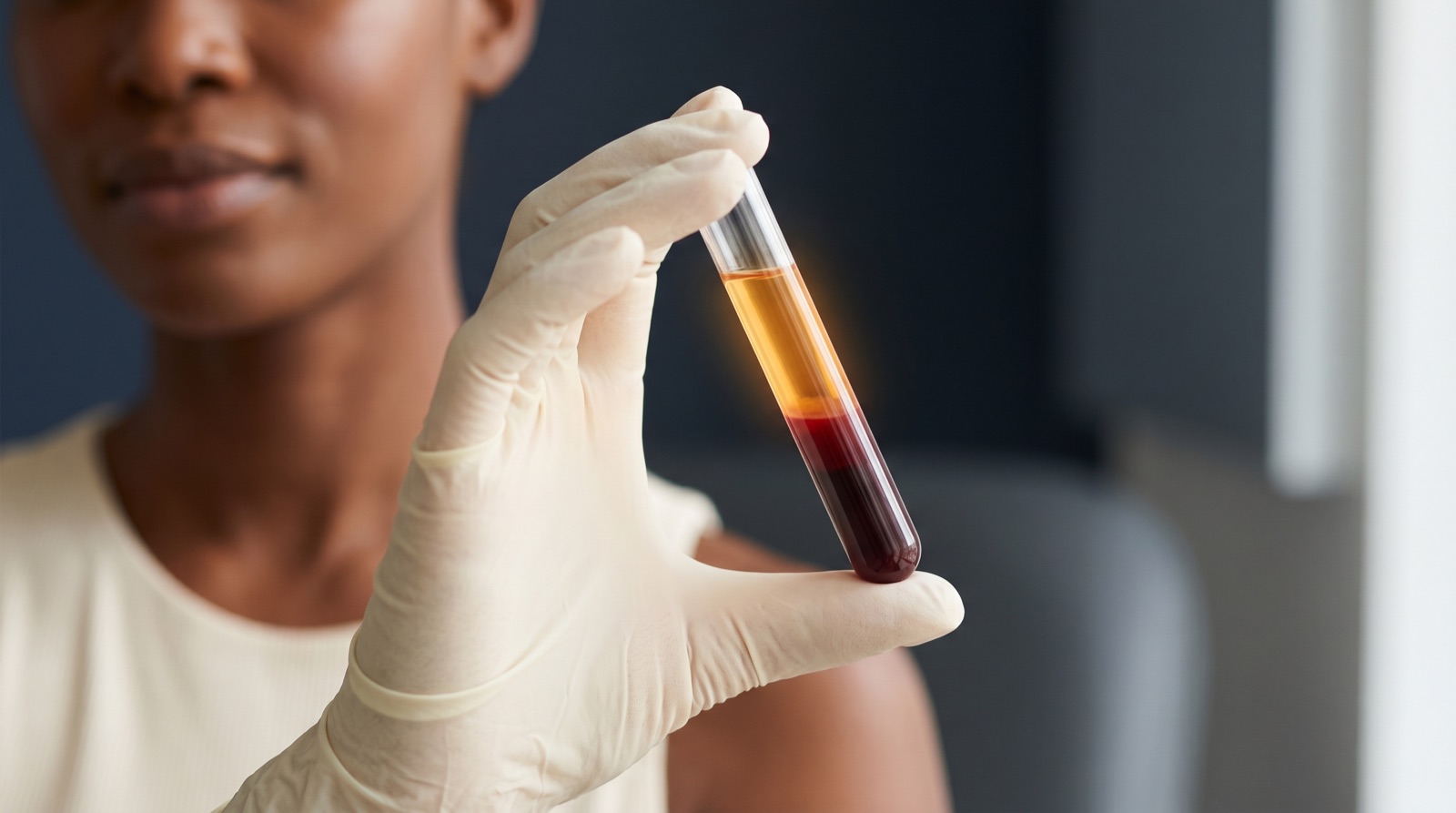 Centrifuged platelet-rich plasma, the golden plasma layer separated from red blood cells, prepared from your own blood at Melatone Skin Clinic Battersea. Illustrative.